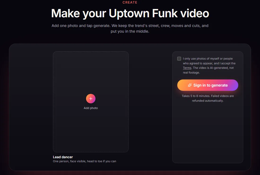 The Uptown Funk AI generator with an empty photo slot