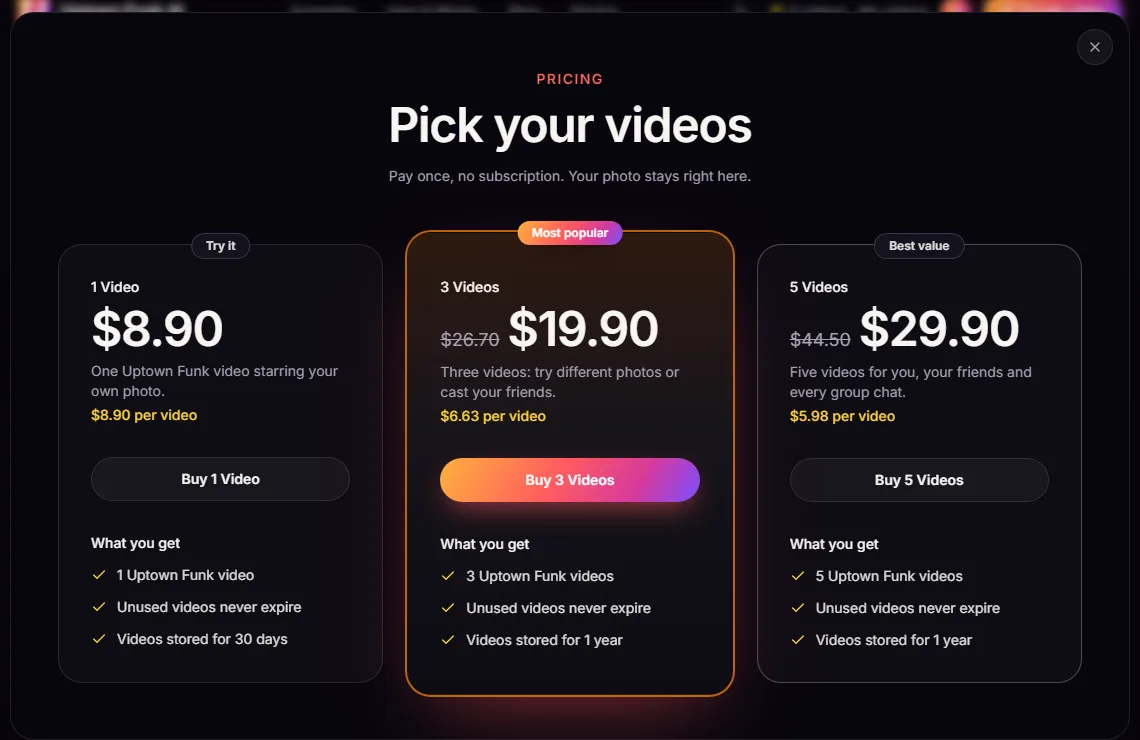 Uptown Funk AI video packs: 1, 3 or 5 videos