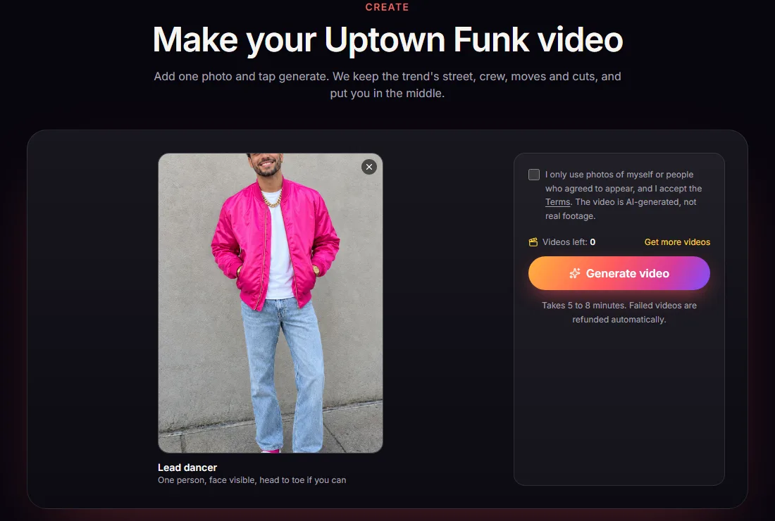 A photo of a man in a pink bomber jacket added to the Uptown Funk AI generator
