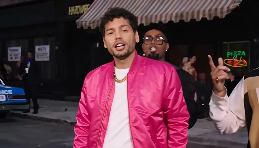 Beat 2 of an Uptown Funk AI video: he sings straight to the camera outside the shops