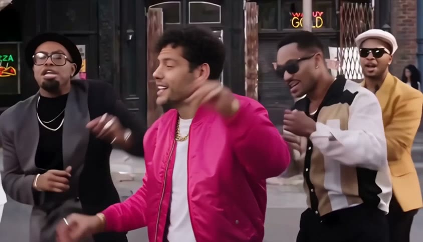 Beat 3 of an Uptown Funk AI video: the whole crew dances in the street around him